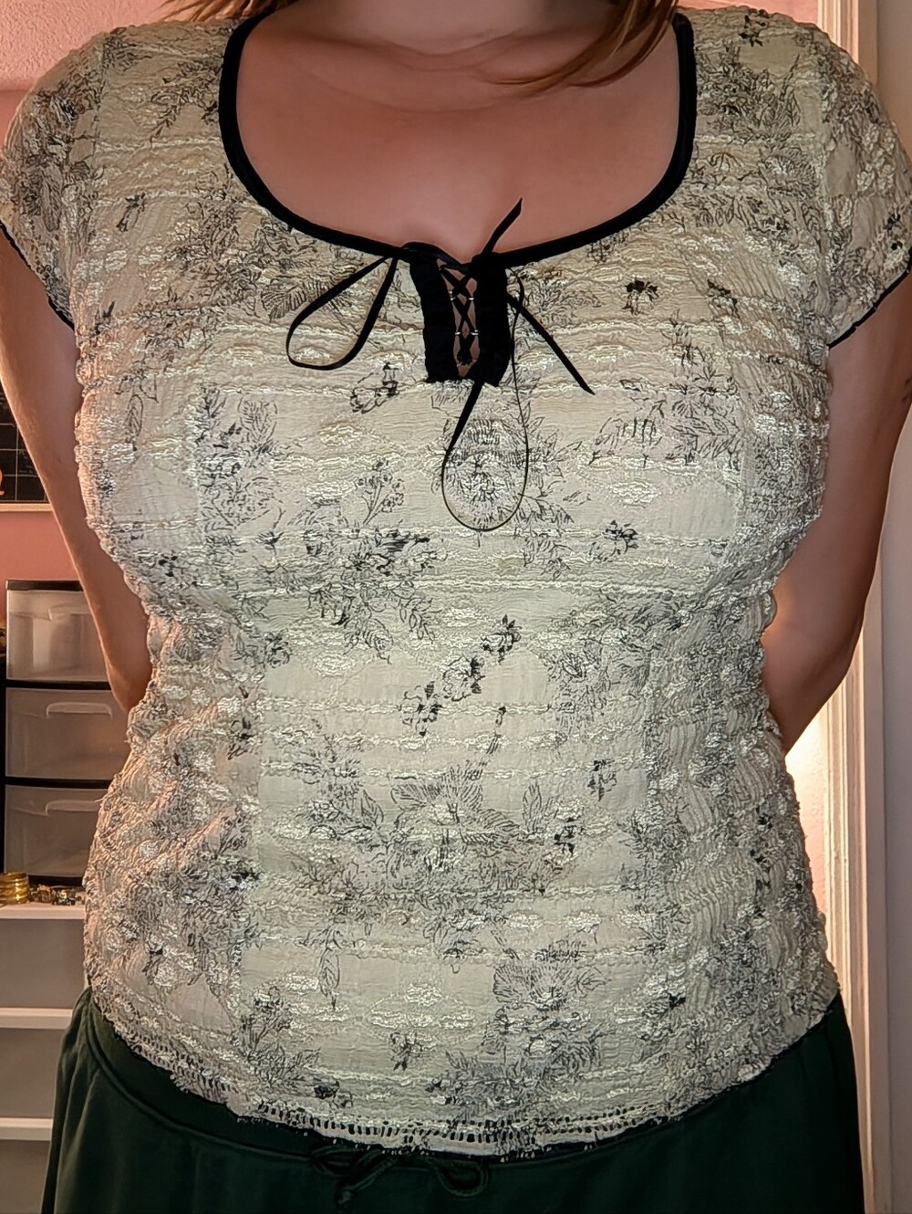 dressbarn Floral Lace-Up Top with Black Trim